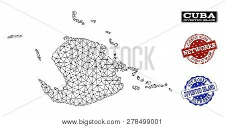 Black Mesh Vector Map Of Juventud Island Isolated On A White Background And Grunge Stamp Seals For N