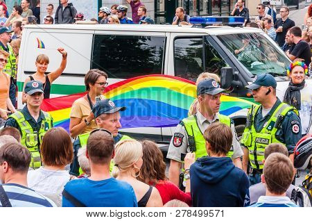 Vilnius, Lithuania - July 27, 2013: Police Forces Ensuring Safety During The Pride Parade On Gedimin