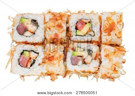 Sushi Roll With Raw Fish, Avocado And Shavings Tuna. Isolated On White Background. Japanese Cuisine.