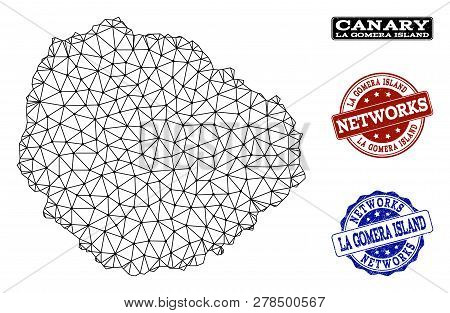 Black Mesh Vector Map Of La Gomera Island Isolated On A White Background And Scratched Watermarks Fo