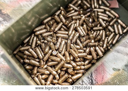 Top View Of Gun Ammunition Box. Bullets For Pistol