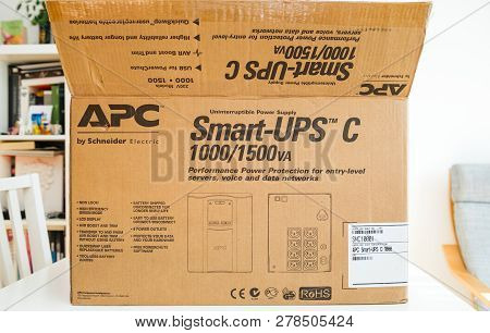 Paris, France - Mar 24, 2018: Front View Of Box Of New Apc Smart-ups C 1000va Lcd 230v Enterprise-le