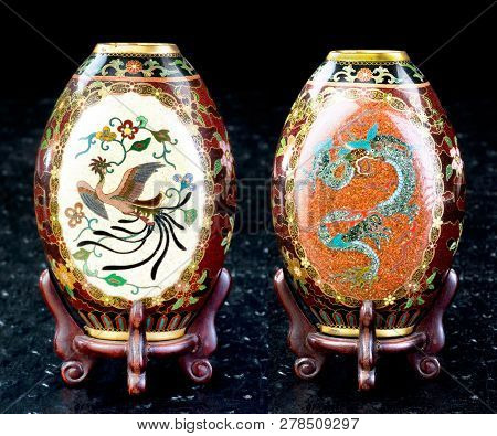 Antique Japanese Cloisonne Vase Made In The Meiji Period Around 1890 Showing Front And Back .