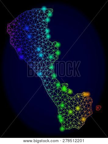 Bright Mesh Vector Map Of Boracay Island With Glare Effect. Light Spots Have Bright Spectrum Colors.
