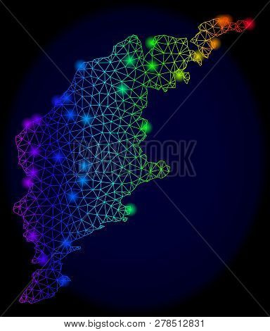 Bright Mesh Vector Map Of Gotland Island With Glare Effect. Light Spots Have Bright Spectrum Colors.