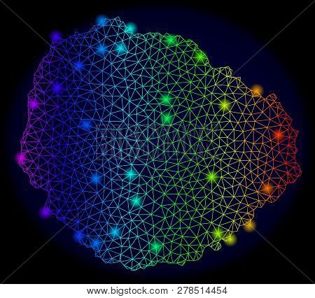 Bright Mesh Vector Map Of La Gomera Island With Glare Effect. Light Spots Have Bright Rainbow Colors