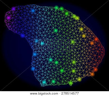 Bright Mesh Vector Map Of Lanai Island With Glare Effect. Light Spots Have Bright Spectrum Colors. A