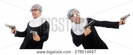 Man in nun dress with handgun 