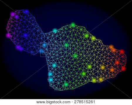 Bright Mesh Vector Map Of Maui Island With Glare Effect. Light Spots Have Bright Rainbow Colors. Abs