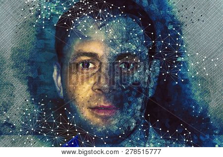 Portrait Of A Man With Polygonal Shapes , Ciborg Look - Artificial Intelligence And Mind Concept