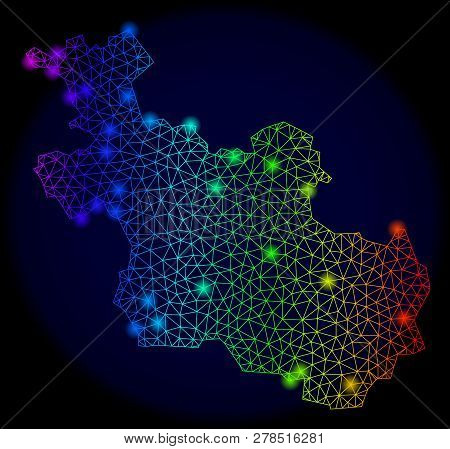 Glamour Mesh Vector Map Of Overijssel Province With Glare Effect. Light Spots Have Bright Rainbow Co