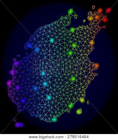 Bright Mesh Vector Map Of Paros Island With Glare Effect. Light Spots Have Bright Spectrum Colors. A