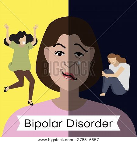 Bipolar Disorder Concept. Young Woman With Double Face Expression And At Different Poses. Vector Ill