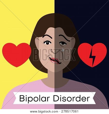 Bipolar Disorder Concept. Young Woman With Double Face Expression And Red Heart. Vector Illustration