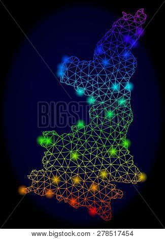 Bright Mesh Vector Map Of Shaanxi Province With Glow Effect. Light Spots Have Bright Spectrum Colors