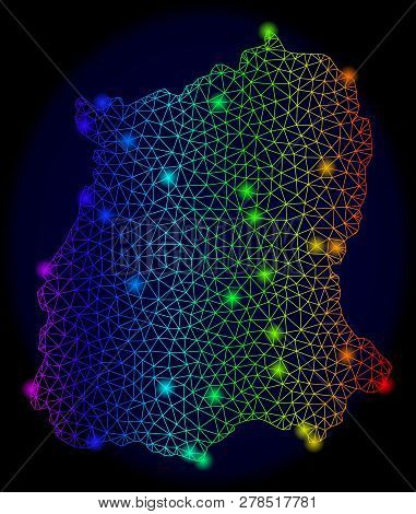 Bright Mesh Vector Map Of Sikkim State With Glare Effect. Light Spots Have Bright Spectrum Colors. A