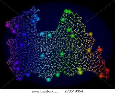 Bright Mesh Vector Map Of Utrecht Province With Glare Effect. Light Spots Have Bright Rainbow Colors