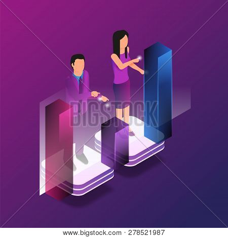 Isometric Augmented Reality For Finance Analytic. Vector Illustration Man And Woman Broker Are Worki