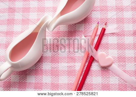 Couple Cup Of Love Concept, Valentine's Day Holiday Celebration Background.