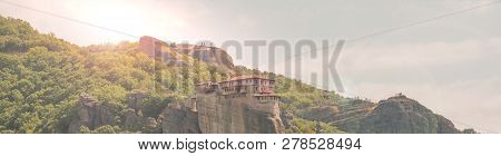 Monastries On High Cliffs Of Meteora Mountains, Greece