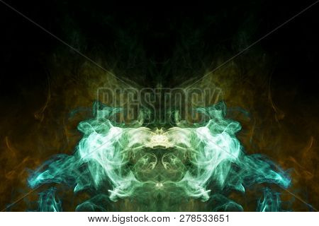 Mocap For Cool T-shirts. Thick Colorful Green And Yellow Smoke  In The Form Of A Monster On A Black 