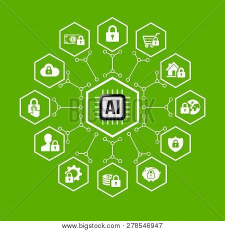 Ai Artificial Intelligence Technology For Smart Securiy And Protection Icon Set In Hexagon Shape Wit