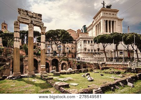 Rome, Italy - April 17, 2018: Roman Forum, Italy. Forum Romanum Attractions In Rome, Italy Capital L