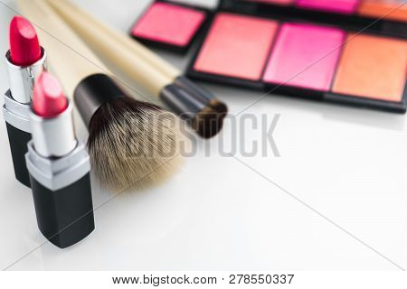 Makeup. Make-up Set Palette With Colorful Eyeshadows. Lipgloss, Lipstick, Rouge, Eyeshadow And, Foun