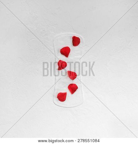 Red Petals On A Female Daily Lining. Close-up. The Minimum. Flat Lay