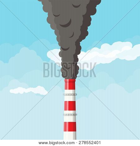Smoking Factory Pipe Against Clear Sky With Clouds. Plant Pipe With Dark Smoke. Carbon Dioxide Emiss