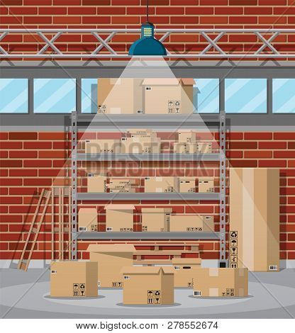 Warehouse Interior With Goods And Container Package Boxes. Pile Cardboard Boxes Set. Carton Delivery