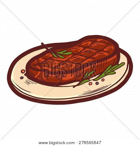 Cooked Steak On Plate Icon. Hand Drawn Illustration Of Cooked Steak On Plate Icon For Web Design