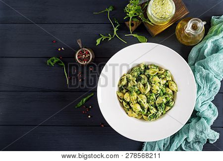 Conchiglie Pasta With Spinach And Green Pea Pesto. Italian Cuisine. Vegan Food. Top View