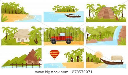 Flatv Ector Set Of Colorful Tropical Landscapes. Island With Palm Trees, Sandy Beach, Small Bungalow