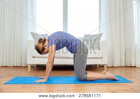 fitness, yoga and healthy lifestyle concept - woman doing cat pose on mats at home