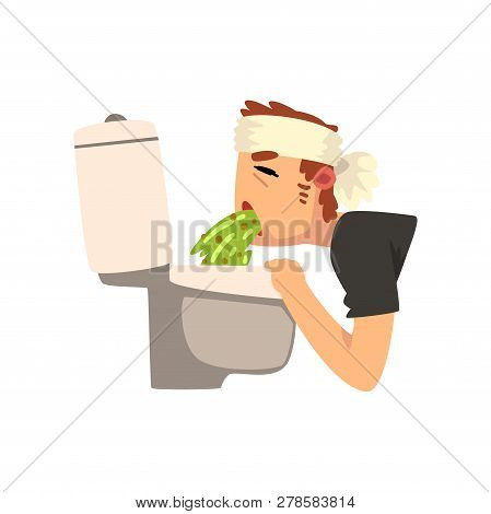 Sick Man Vomiting Into The Toilet Bowl Vector Illustration