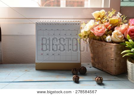Desktop Calendar 2019 And Clock Place On Wooden Office Desk.calender For Planner Timetable,agenda Ap