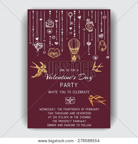 Vector Illustration Sketch Hand Drawn Invitation Card Fof Valentines Day. Romantic, Love, Hearts, Sw