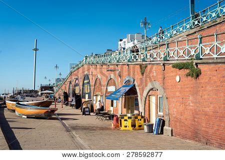 Brighton, England-18 October,2018: Brighton Pier And Bar Beer On Seafront  With Brighton Pier Stair,
