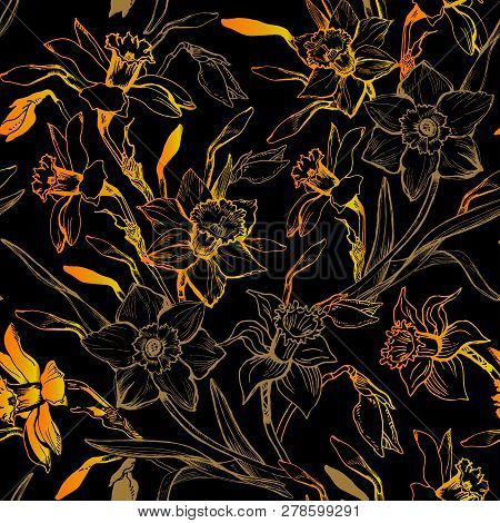 Monocrome Seamless Pattern With Hand Drawn Manual Graphic Flowers Daffodils. Gradientt Floral Realis