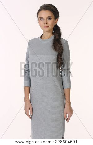 Business Woman In Formal Gray Offficial Dress Close Up Photo Isolated On White