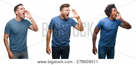 Collage of group of hispanic and african american men over isolated background shouting and screaming loud to side with hand on mouth. Communication concept.