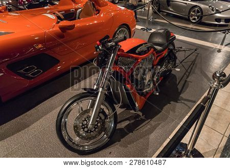 Amman, Jordan, December 07, 2018 : One Of Harley Davidson Motorcycles At The Exhibition In The King 