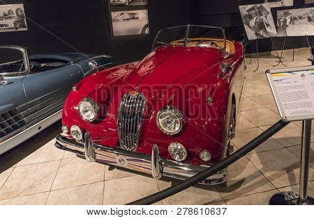 Amman, Jordan, December 07, 2018 : Jaguar Xk140 Mc Roadster 1956 At The Exhibition In The King Abdul