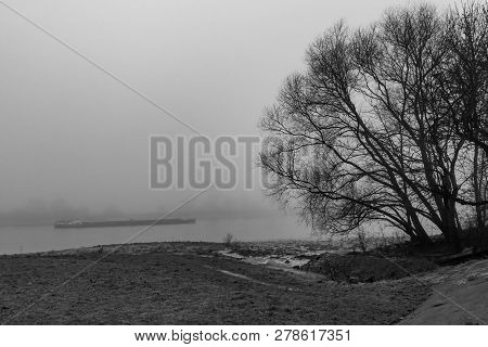 River Rhine In Fog At Kaiserswerth, Düsseldorf, Germany