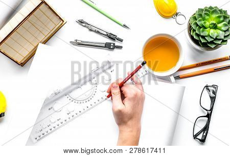 Profession Concept With Architect Desk And Tools White Backgroun