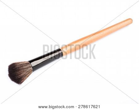 Various Makeup Brushes Isolated Over White. Wooden Makeup Brushes. Duo Fibre Foundation Makeup Brush