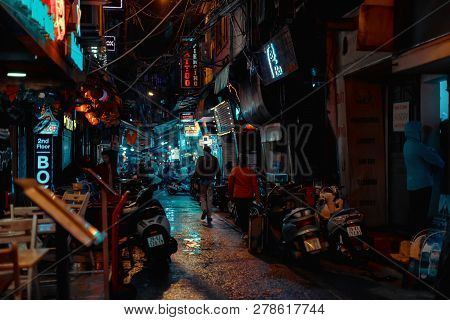 Hanoi, Vietnam - December 08, 2018: Hanoi City Center Street Old Town District At Night