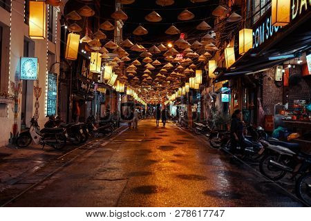 Hanoi, Vietnam - December 08, 2018: Hanoi City Center Street Old Town District At Night