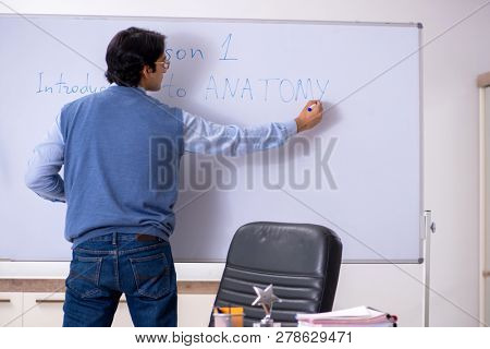 Young lecturer teacher teaching anatomy